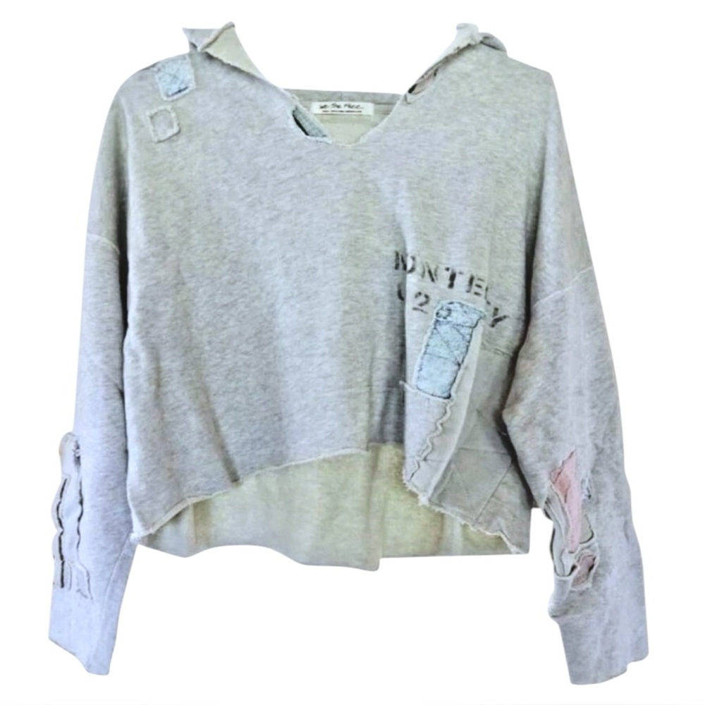$168 Free People Distressed Hoodie Small 6 Heather Gray Patched Ripped Cropped
